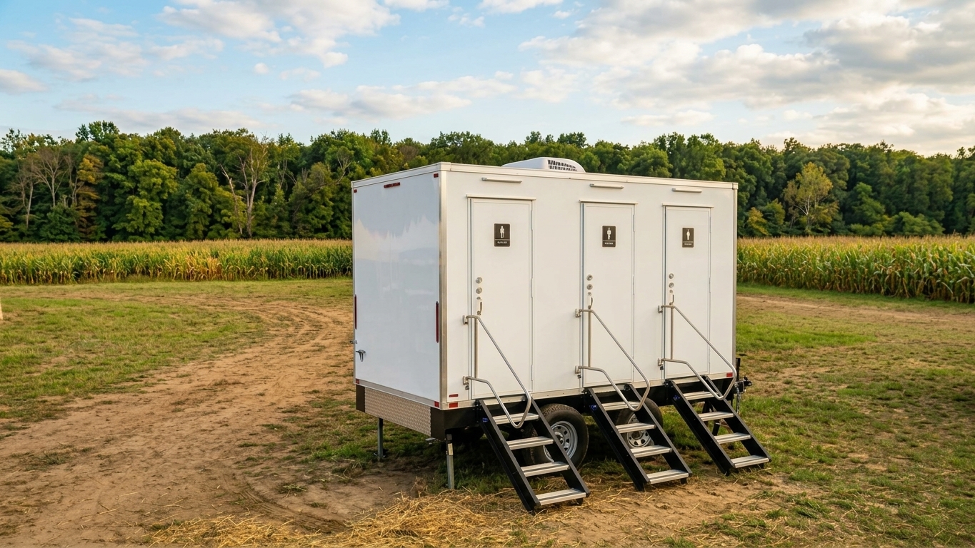 Luxury restroom trailer at an outdoor farm wedding