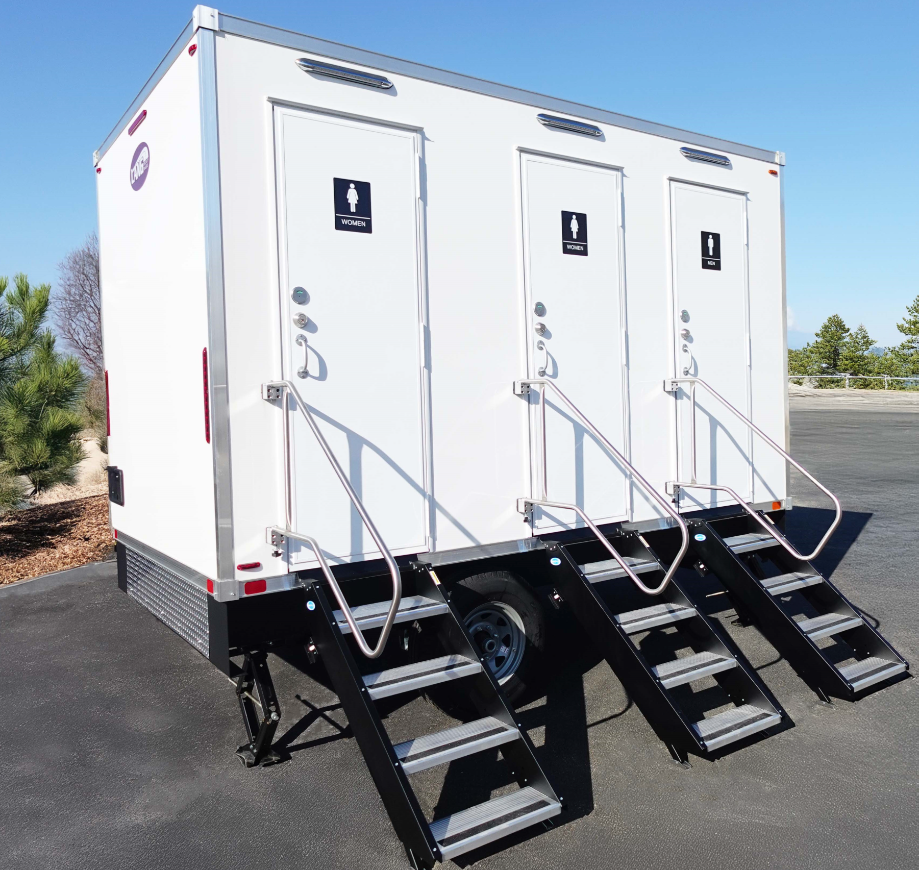 Profile view of portable restroom trailer